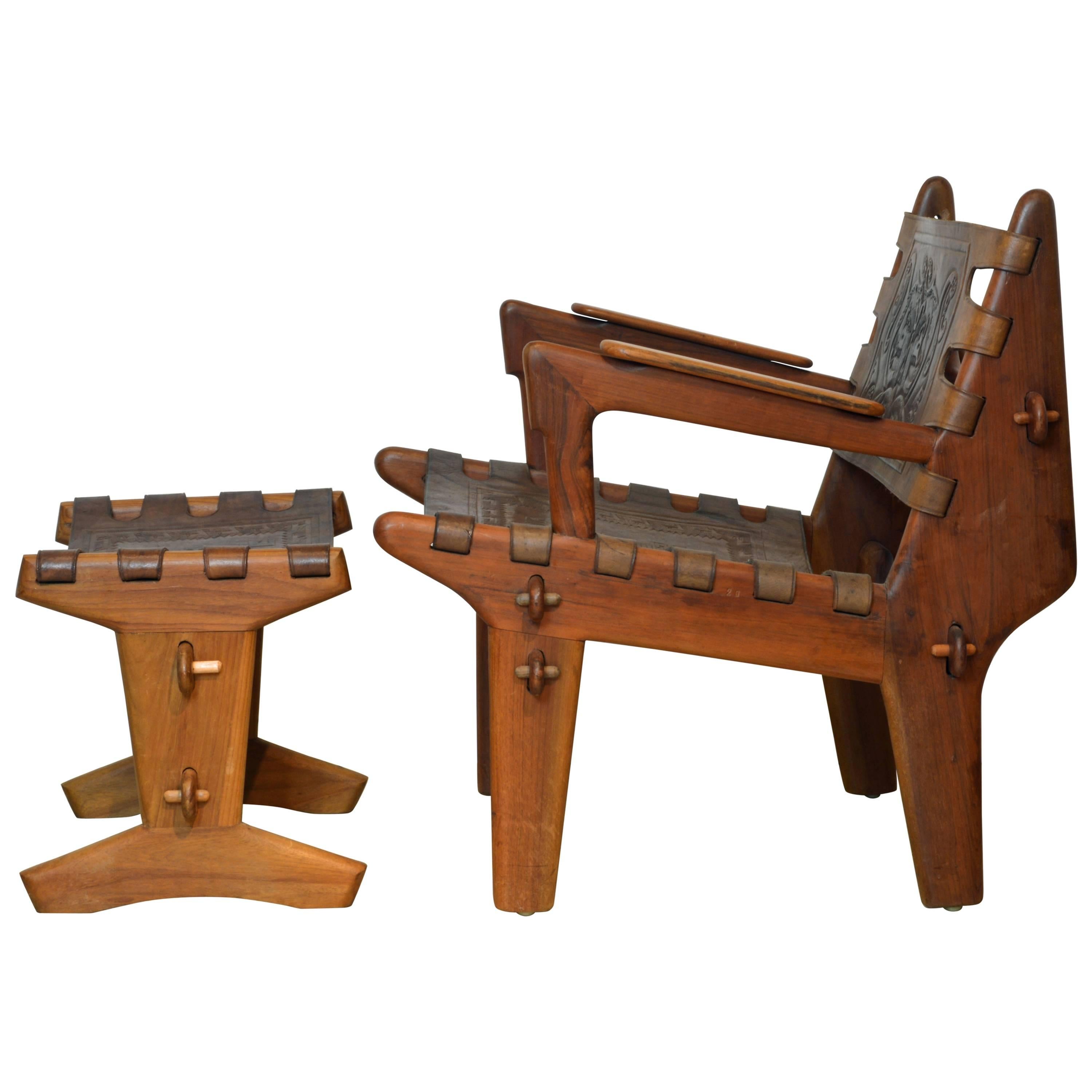 Mid-Century Modern Wood and Leather Chair and Footstool by Angel Pazmino
