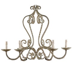 French Painted Iron 6 Light Chandelier with S-Scrolls in Neutral Grey Color
