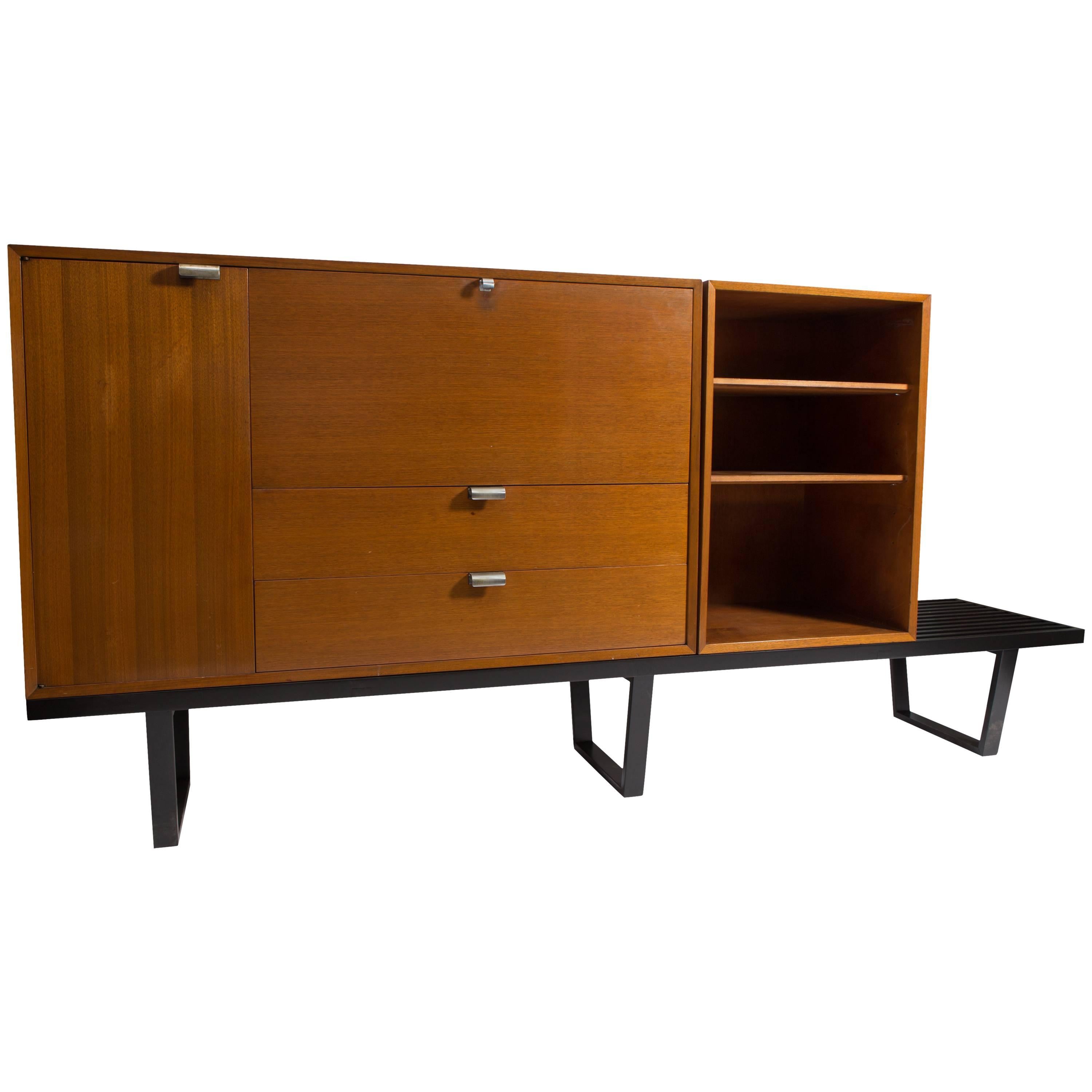 George Nelson Walnut Secretary and Bookcase on Long Bench, Herman Miller