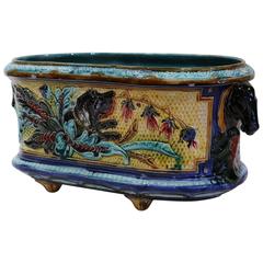 Antique 19th Century Hand-Painted Barbotine Jardinière with Dog, Horse and Flowers