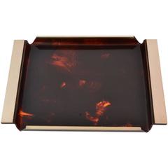 Faux Tortoiseshell Serving Tray Lucite and Brass, Italy, 1970s