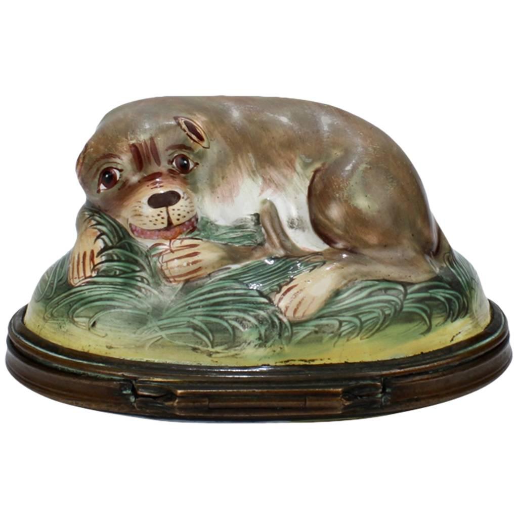 Antique Battersea Bilston Enamel Snuff Box with a Recumbent Pug Dog Lid
