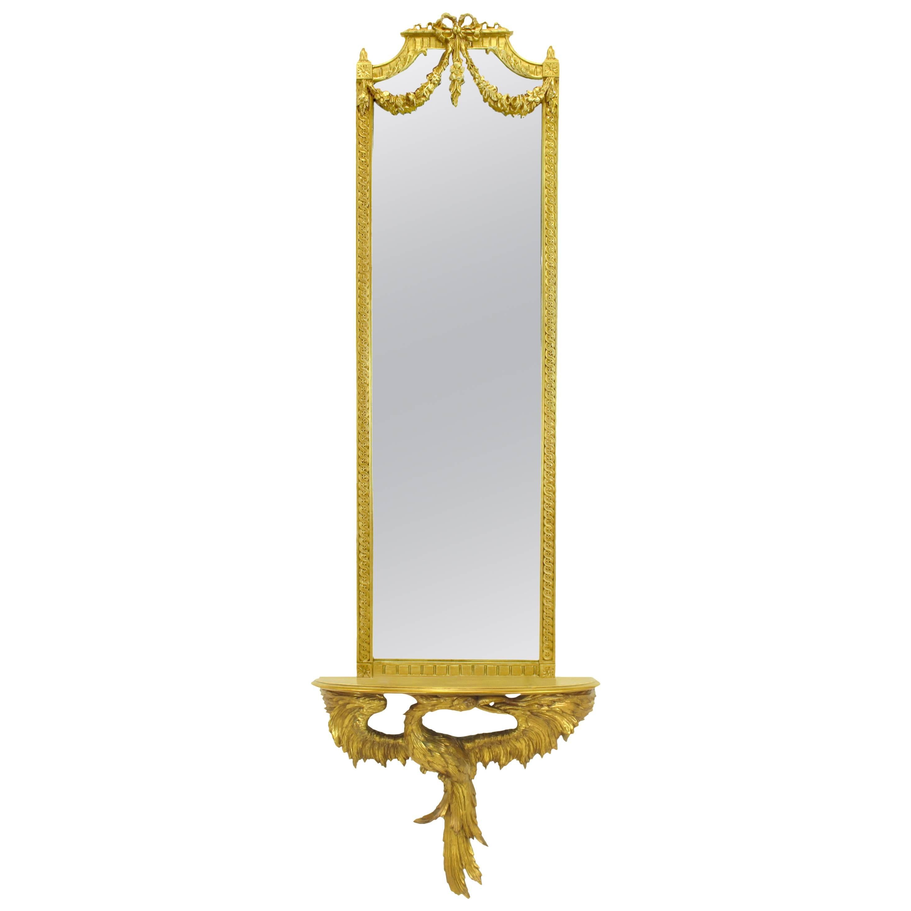 Early 20th Century Italian Giltwood Phoenix Wall Mounted Console and Mirror
