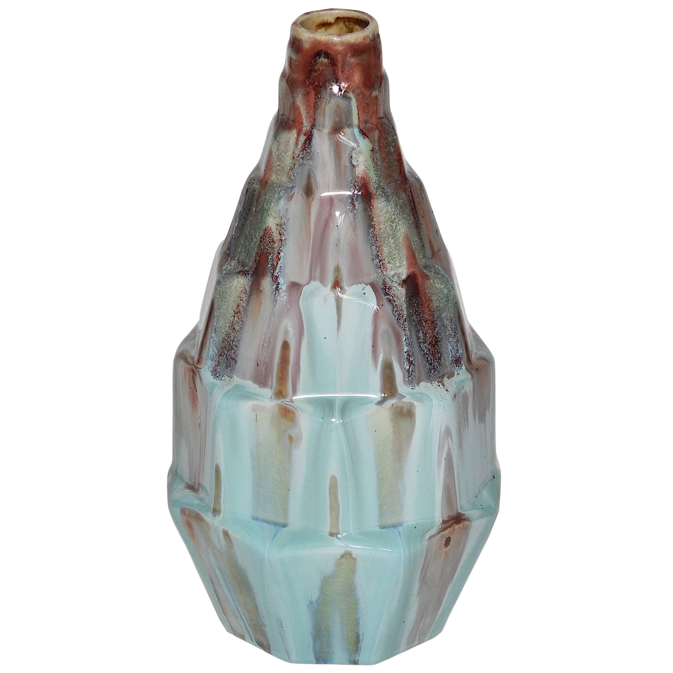 Rare French Art Deco Gabriel Fourmaintraux Desvres Pot Turquoise Ceramic Vase For Sale