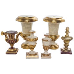 Antique Collection of Six Italian Carved Wood Urns with Painted and Gilt Decoration
