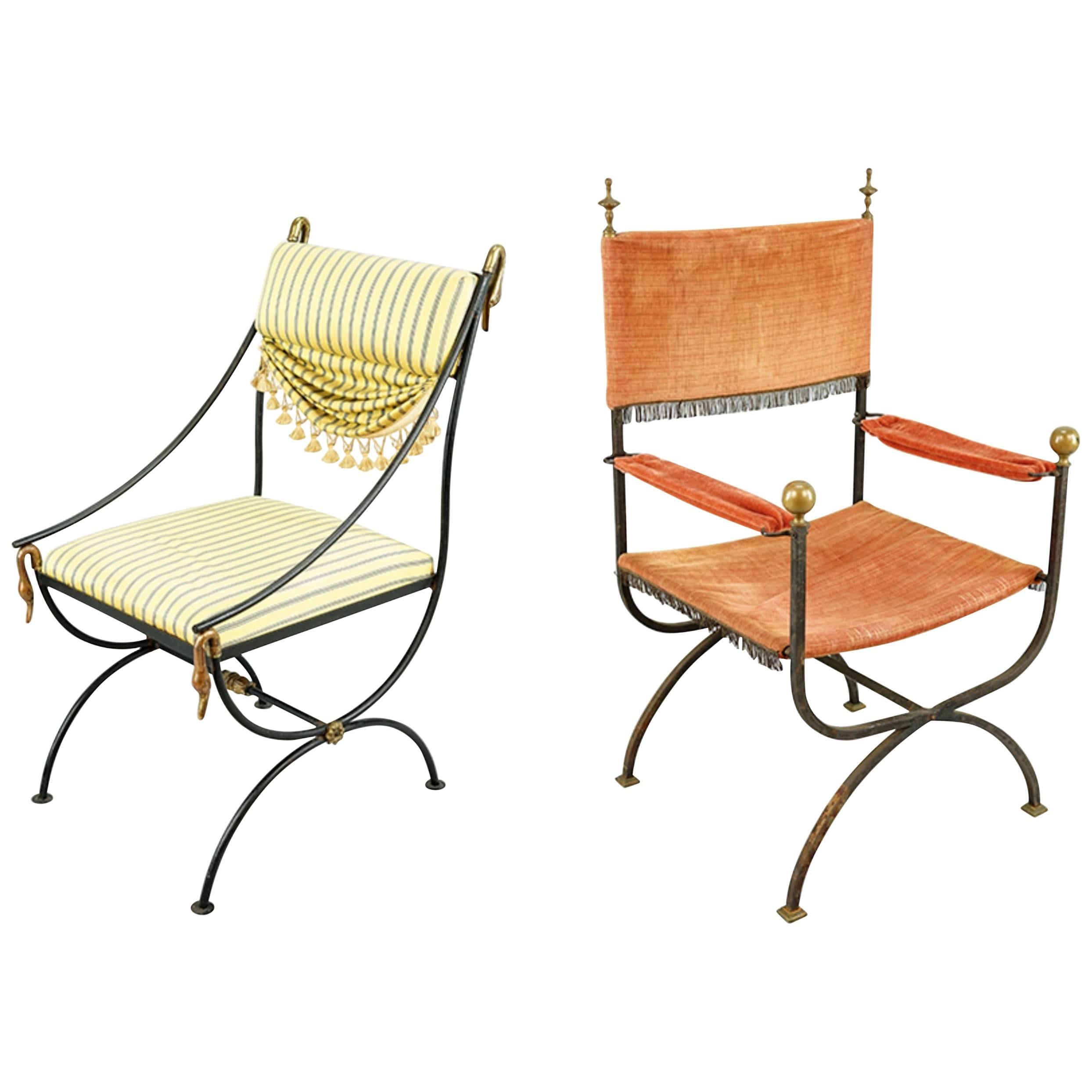 Deux fauteuils néoclassiques en fer avec montures en bronze
