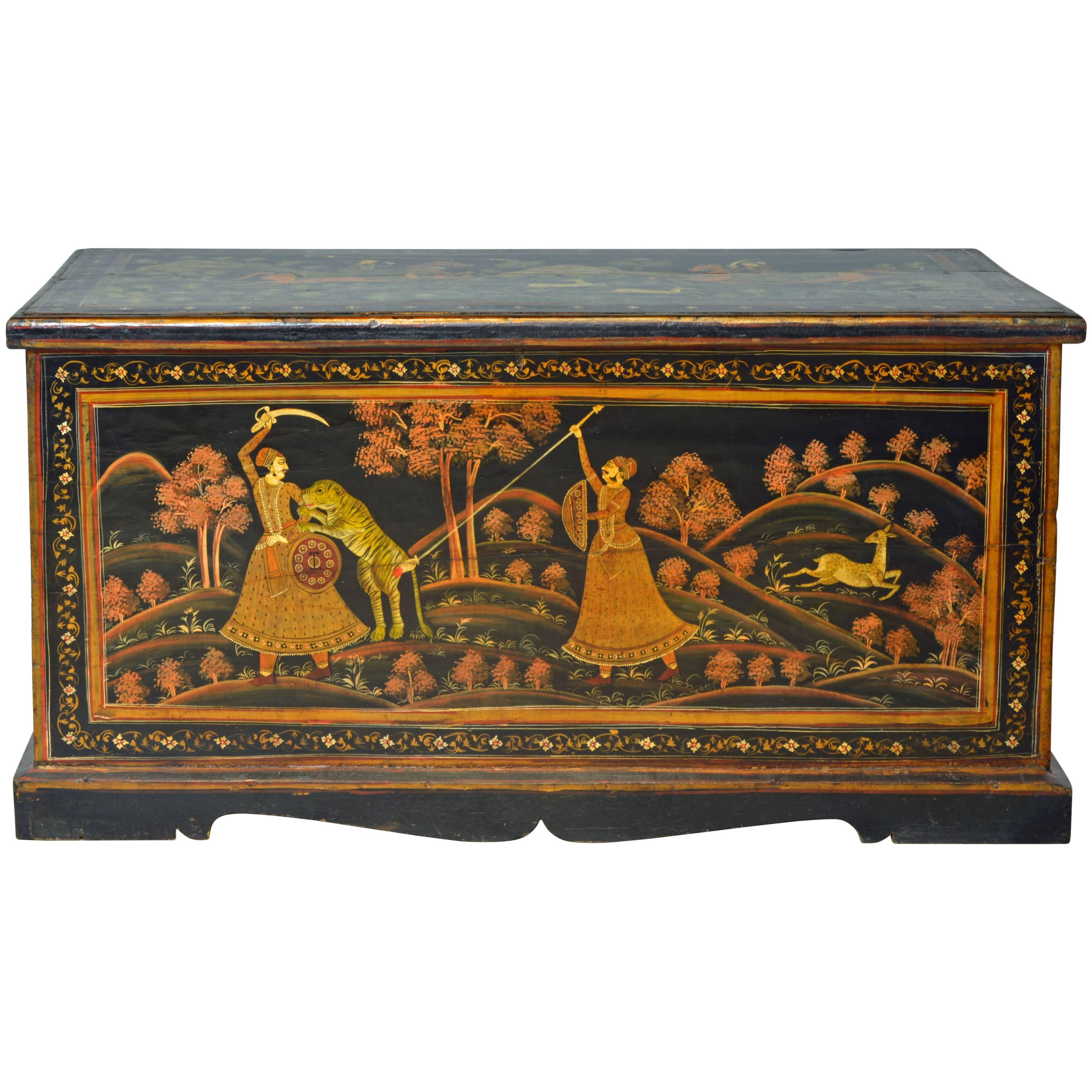 19th Century Likely North Indian Mughal School Painted Chest with Hunting Scenes