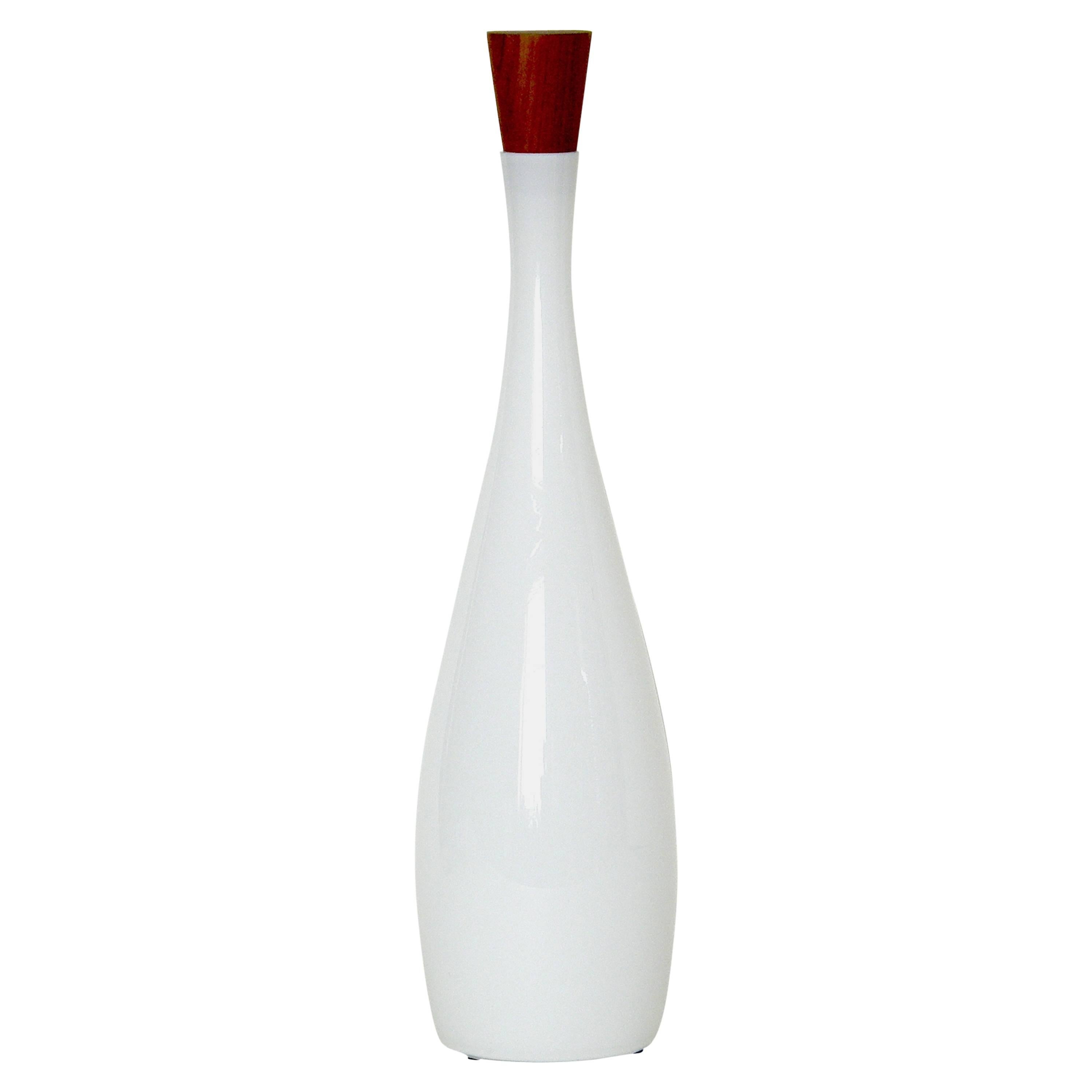 Jacob Bang White Glass Bottle for Kastrup Denmark with Teak Stopper Raymor For Sale