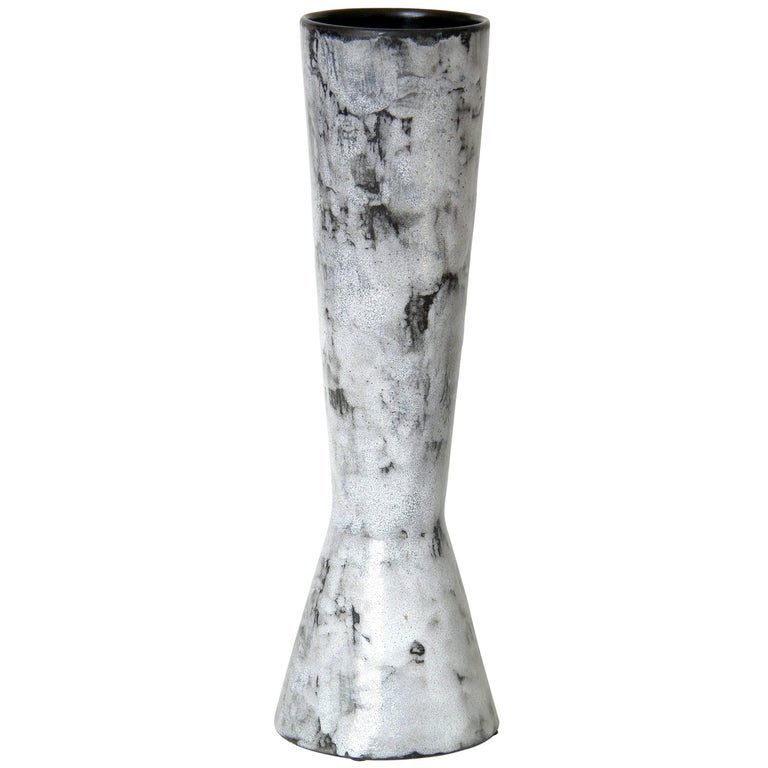 Italian Ceramic Vase Double Cone Shape with White Over Black Glaze For Sale