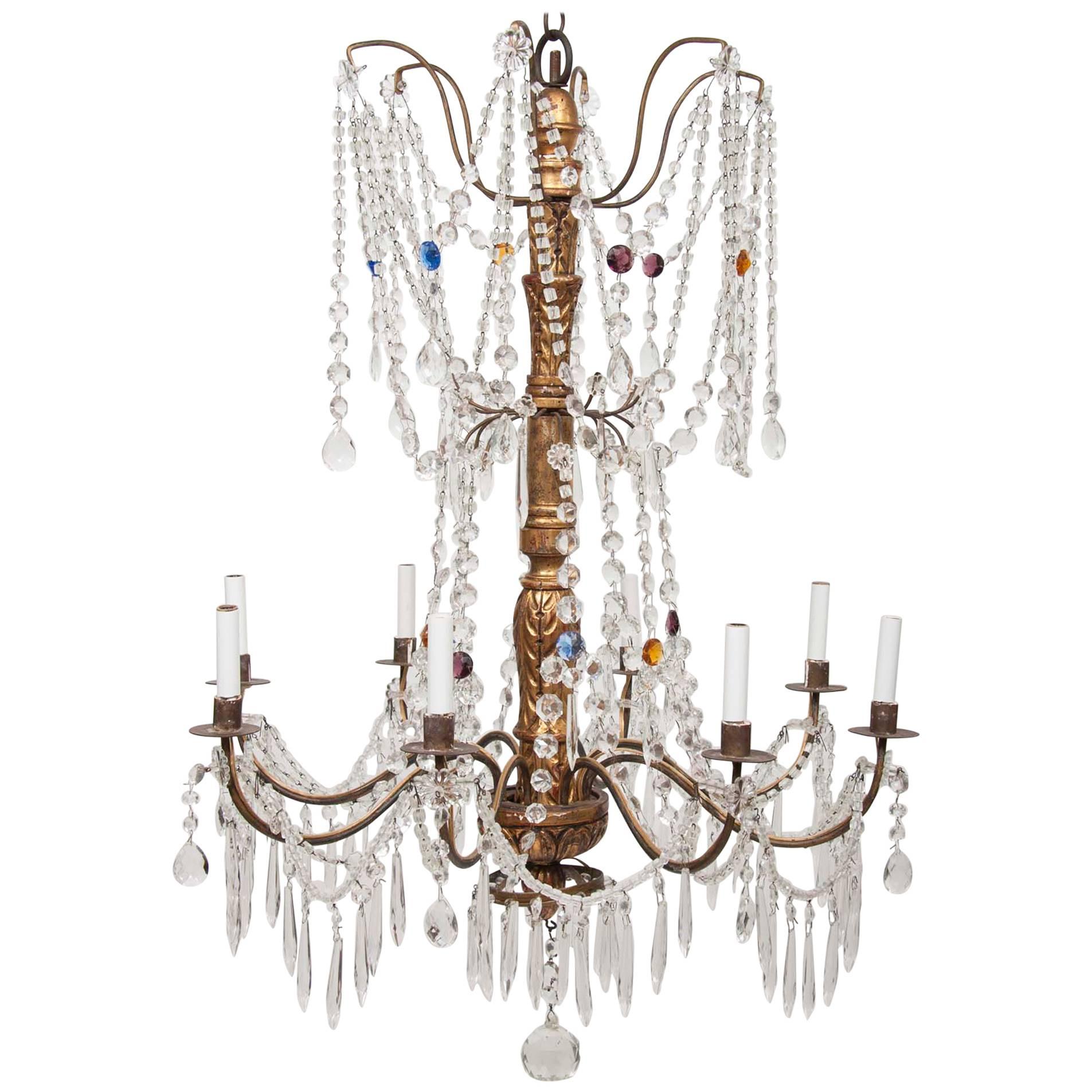 Italian 18th Century Genovese Giltwood and Crystal Chandelier