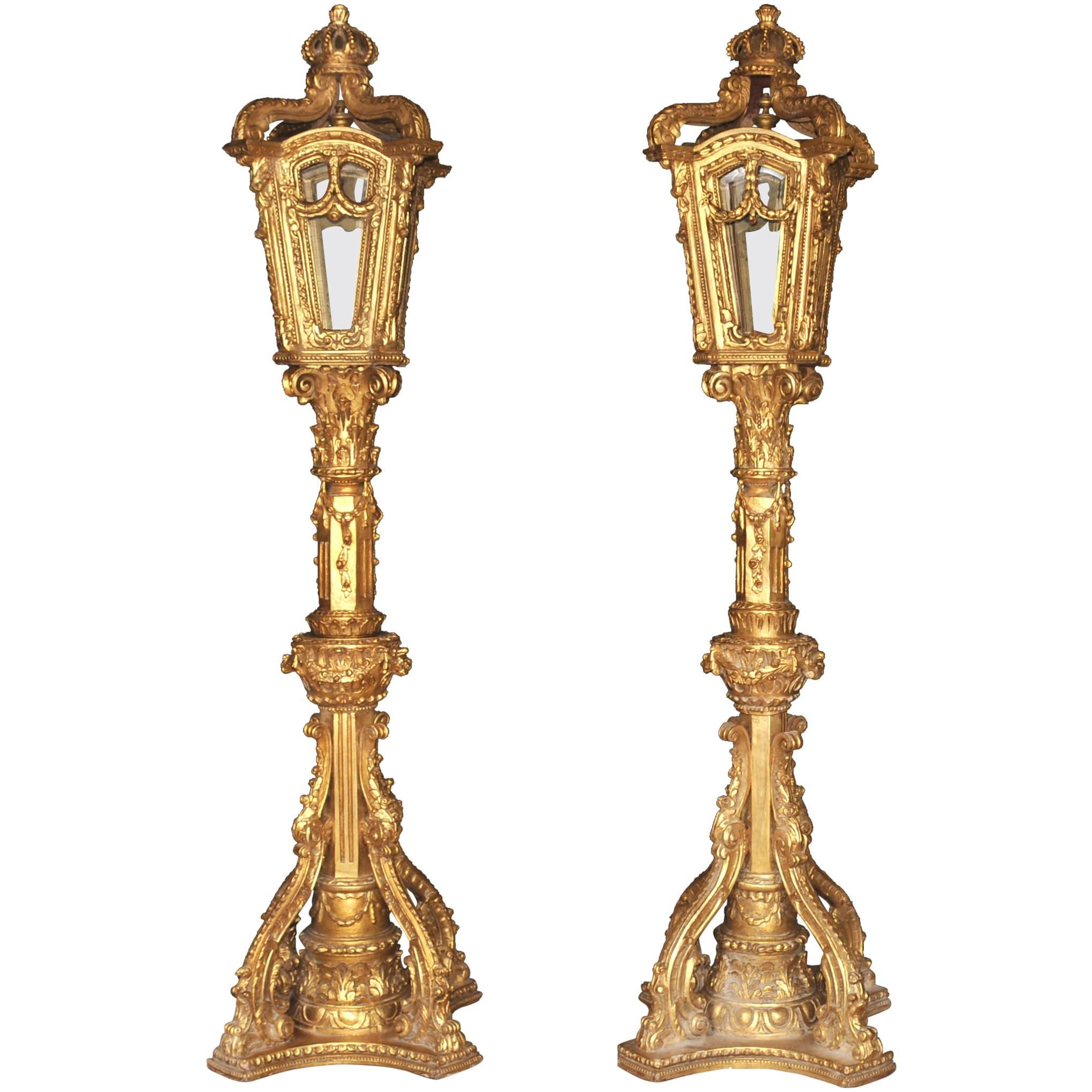 Pair of XL Italian Giltwood Lamps Architectural Lighting Lantern For Sale