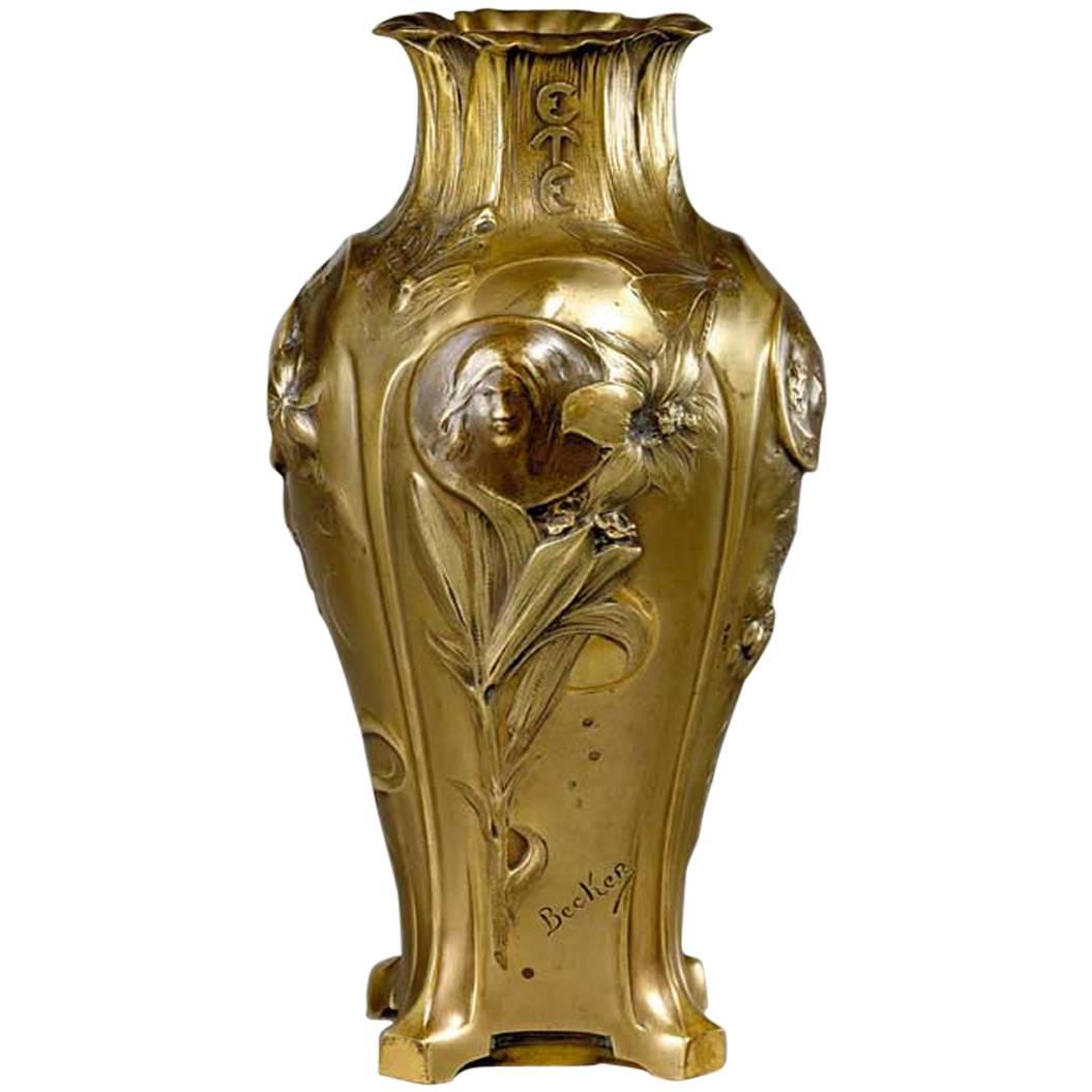 Henri-Edmond Becker, an Art Nouveau Gilt Bronze Vase "Four Seasons", Signed