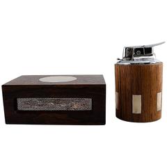 Retro Hans Hansen Matchbox Case and Table Lighter in Rosewood with Inlaid Silver