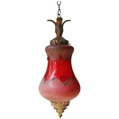 Antique Pretty Naturalistic Late Victorian Brass & Cranberry Glass Lantern, circa 1890