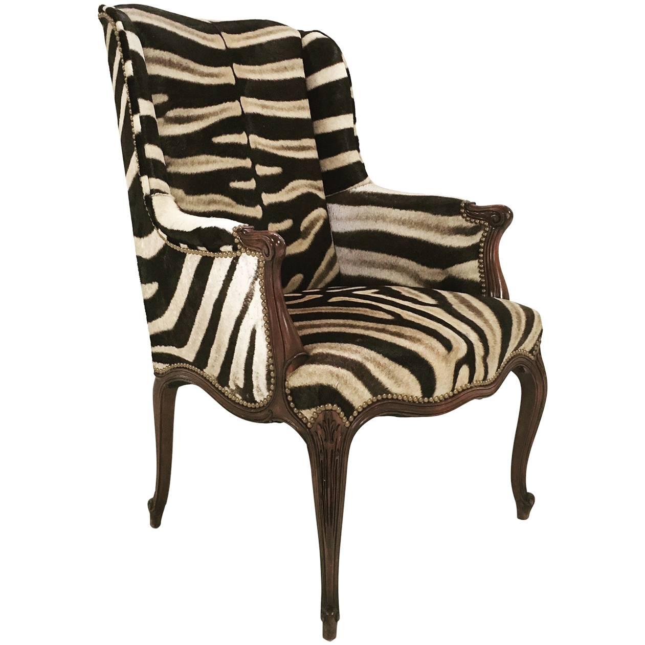 Vintage English Neoclassical Style Mahogany Wingback in Zebra