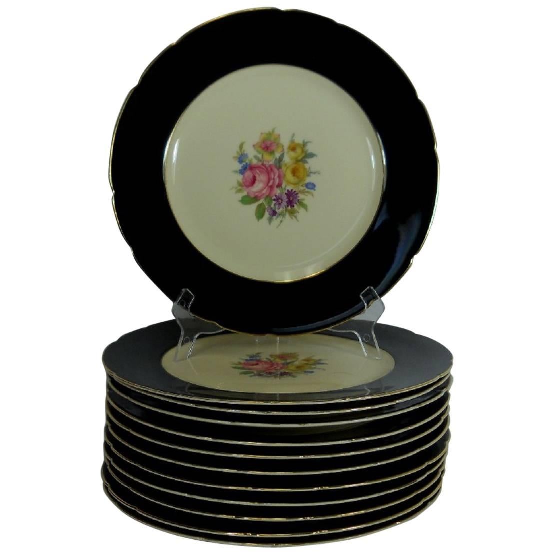 KPM Royal Ivory Germany Floral Center Black Rim Set of 12 Dinner Plates