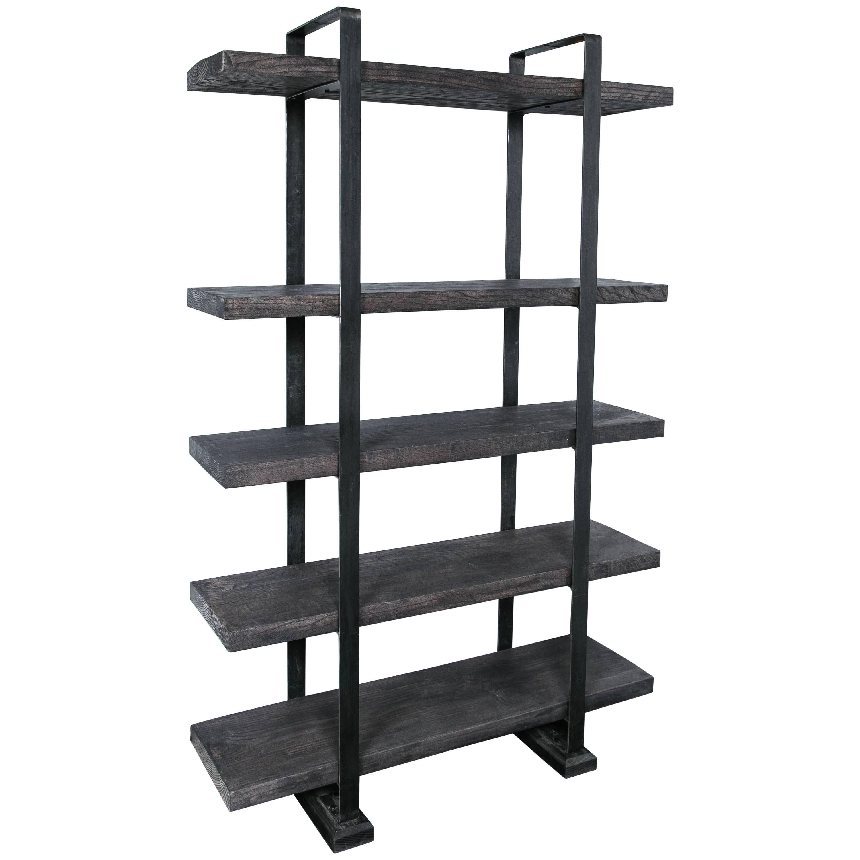 Industrial Style Plank and Steel Shelf Unit For Sale