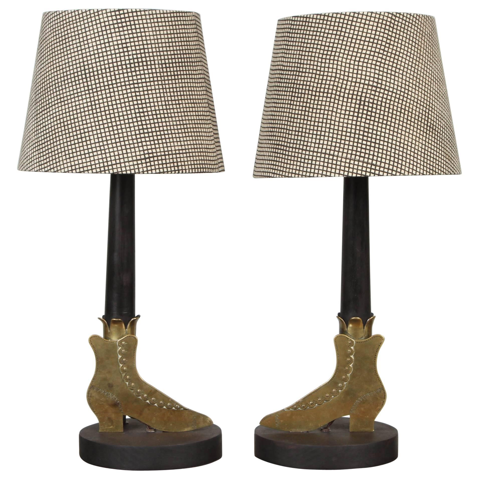 Pair of Brass Boot Lamps For Sale
