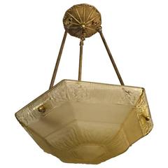 French Art Deco Glass and Brass Chandelier 1