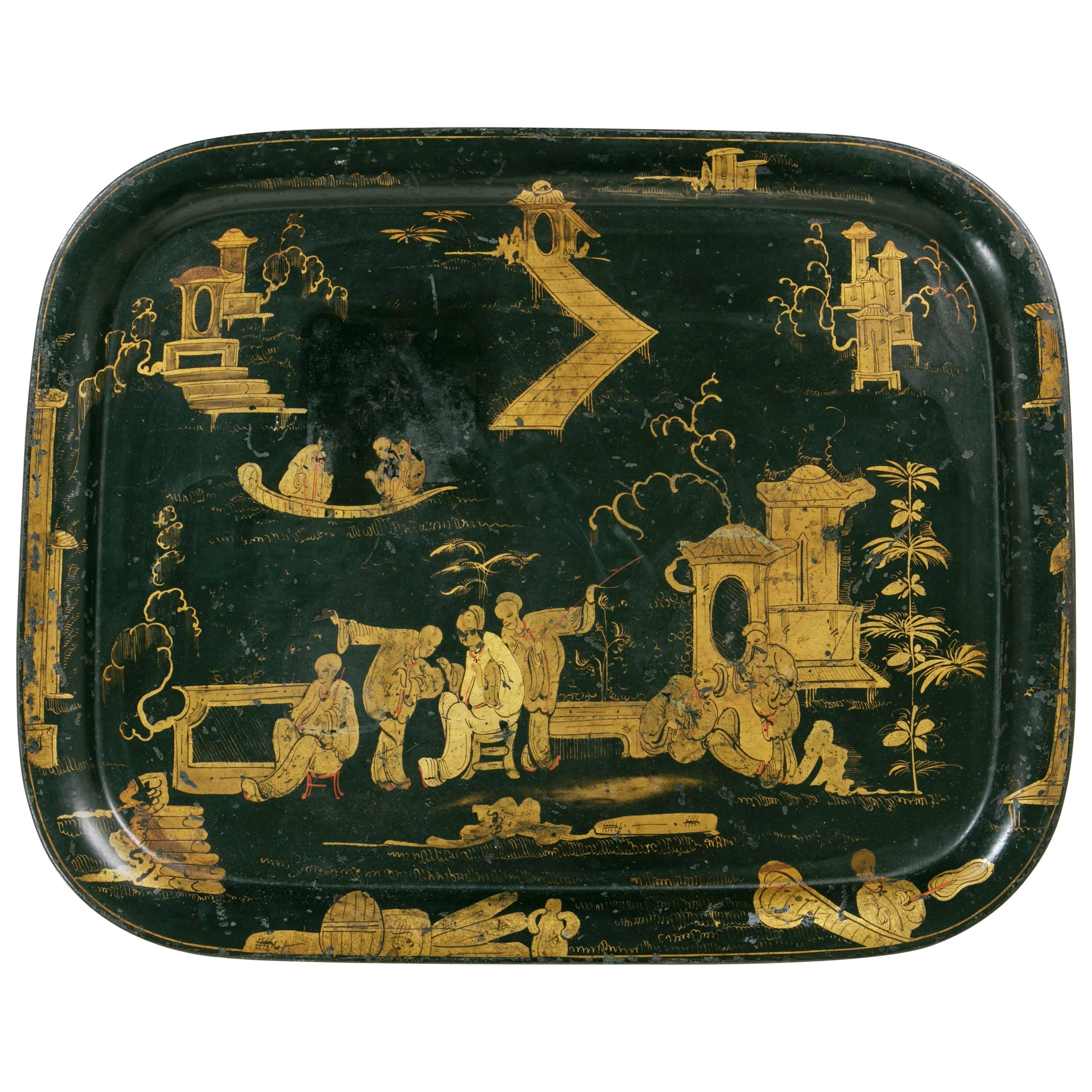 19th Century French Napoleon III Chinoiserie Painted Black and Gold Tole Tray