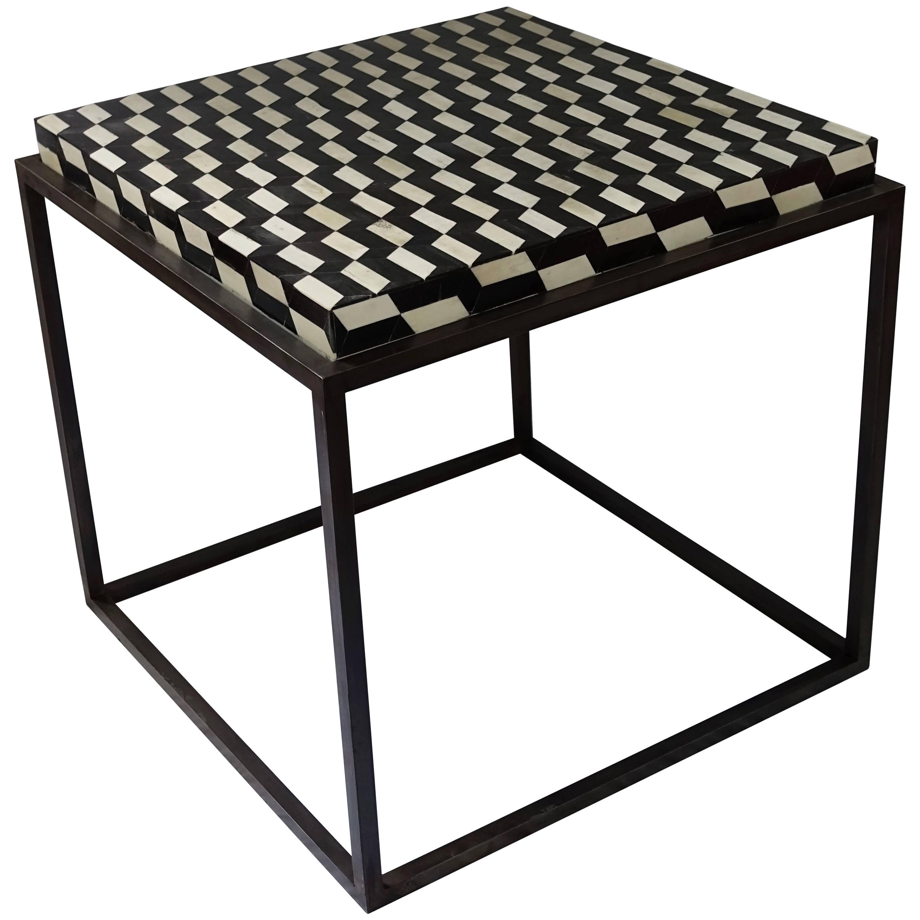 Contemporary Faux Bone Black and White Iron Base Side Table