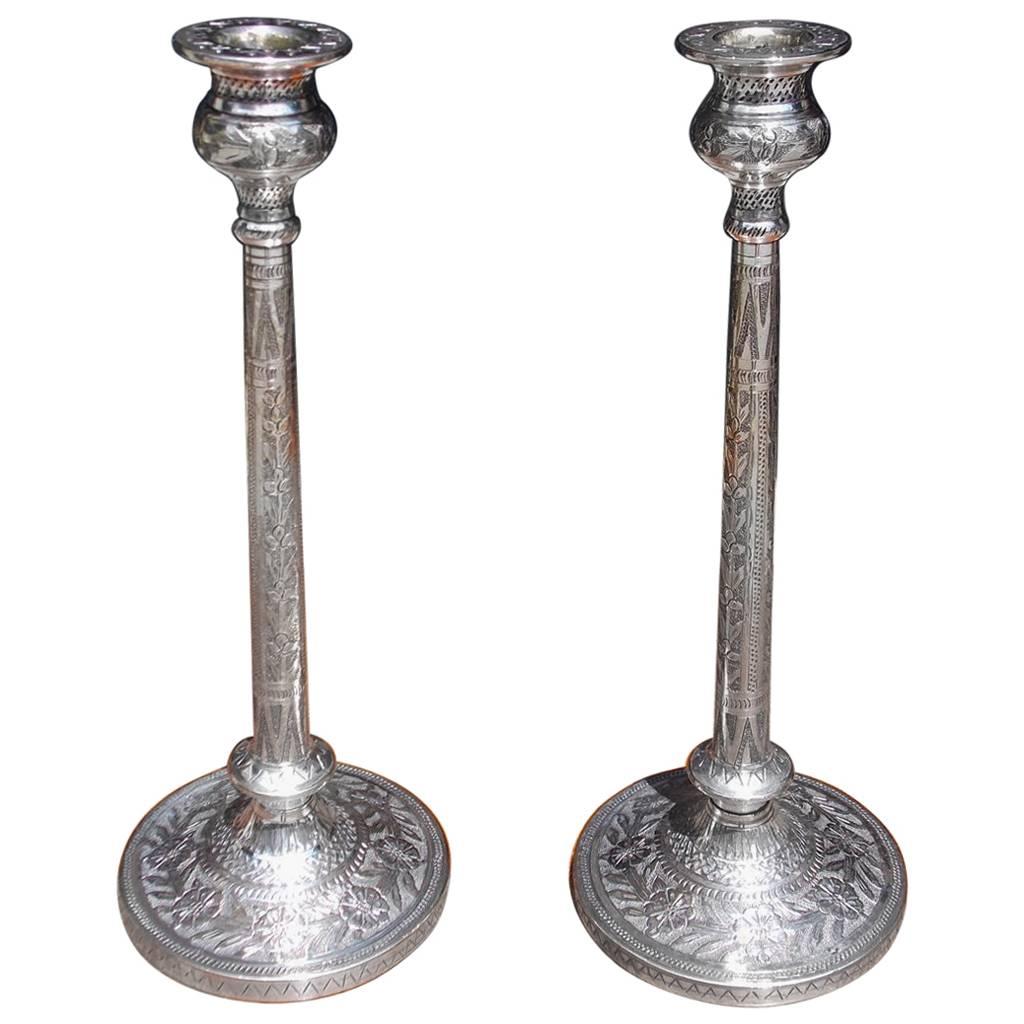 Pair of English Hand Chased Floral Beaded Candlesticks, Circa 1790 For Sale