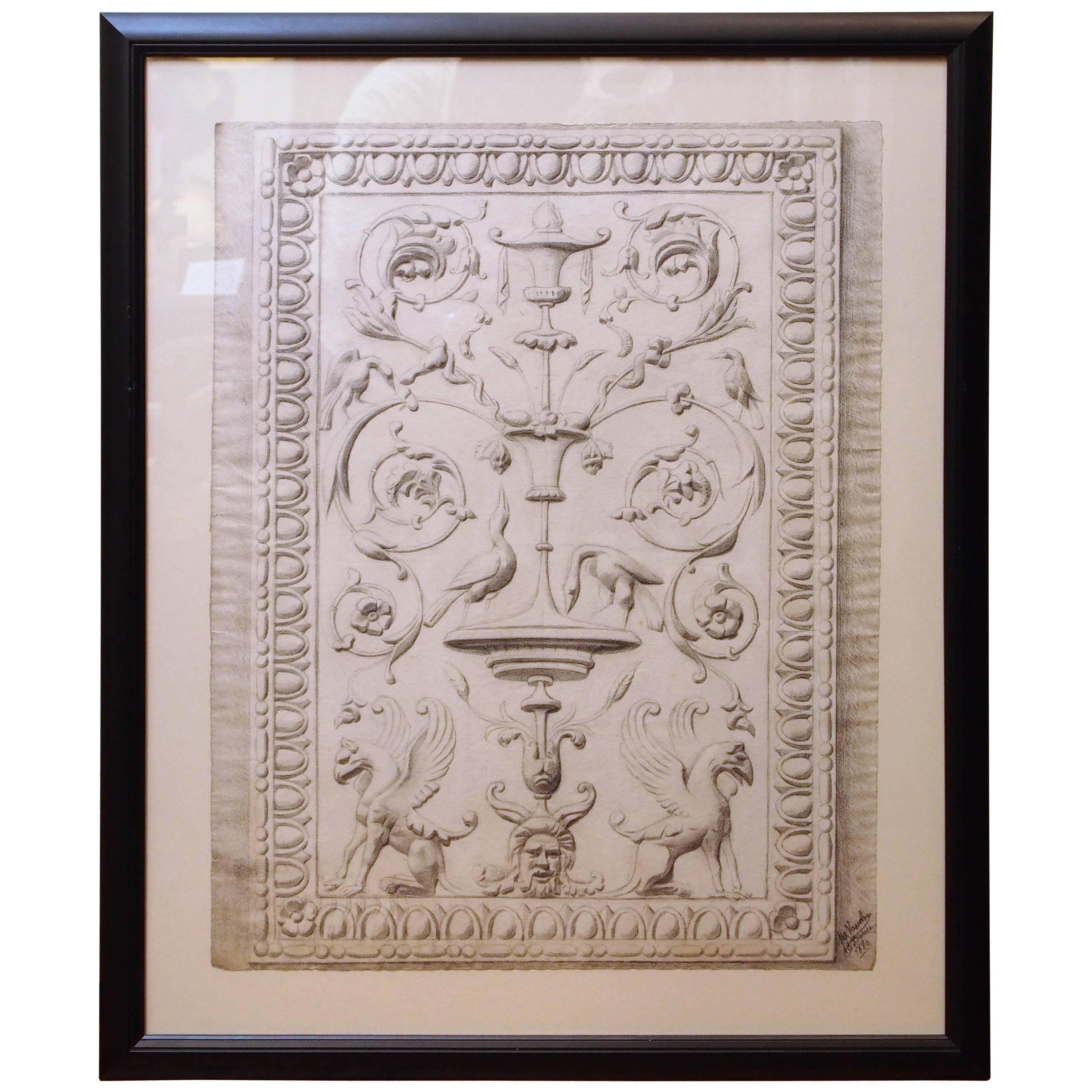 Drawing of a Classical Bas Relief Panel in Later Frame For Sale