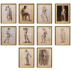 Set of Ten French Academy Drawings of Male Nudes