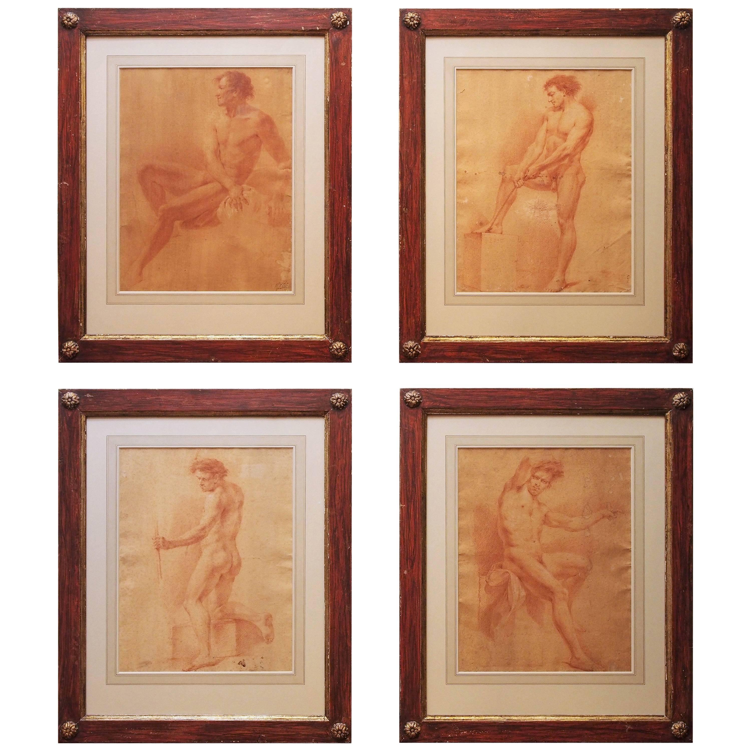 Set of Four 18th Century Sanguine Drawings of Male Nudes For Sale