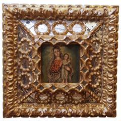 Antique Portuguese Retablo with Gilt and Mirrored Frame