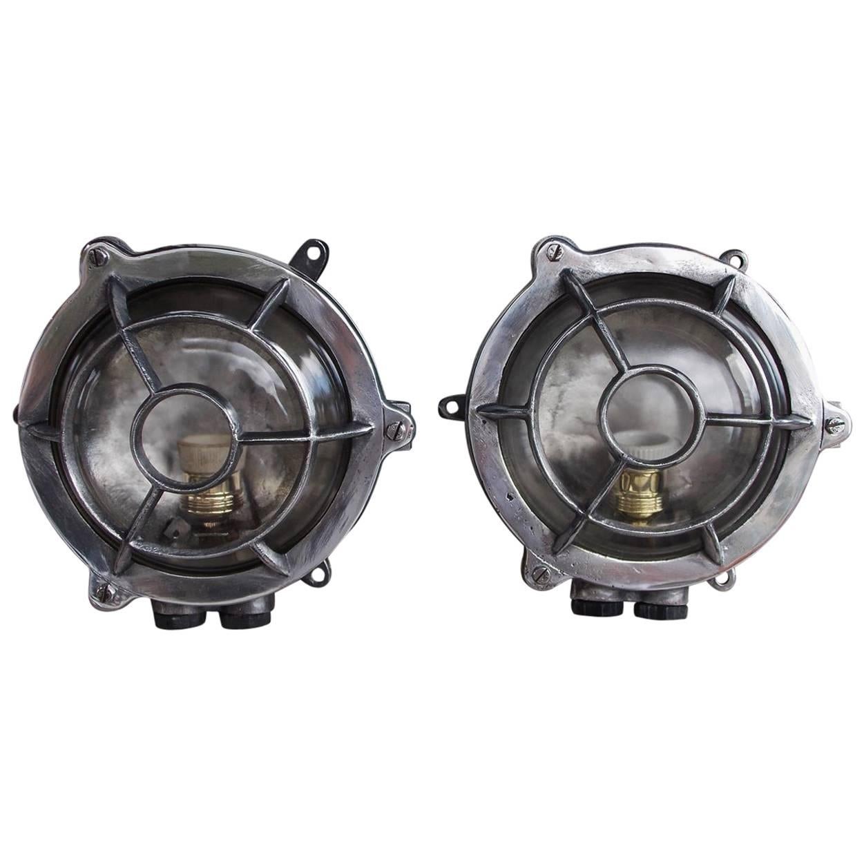 Pair of American Polished Aluminum Bulls Eye Nautical Wall Lights, 20th Century For Sale