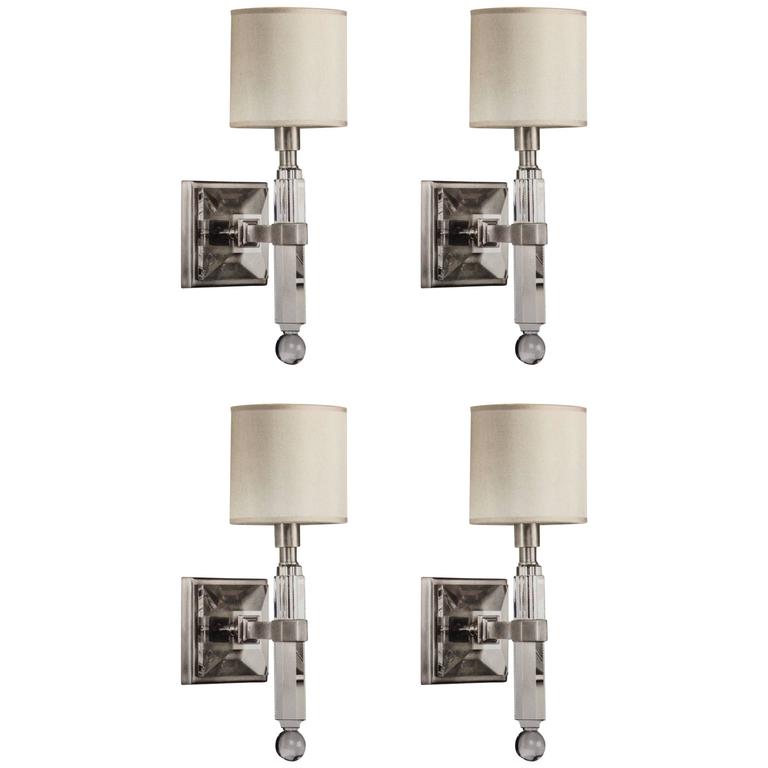 Four French Modern Neoclassical Style Wall Lights in Nickel and Crystal For Sale at 1stdibs