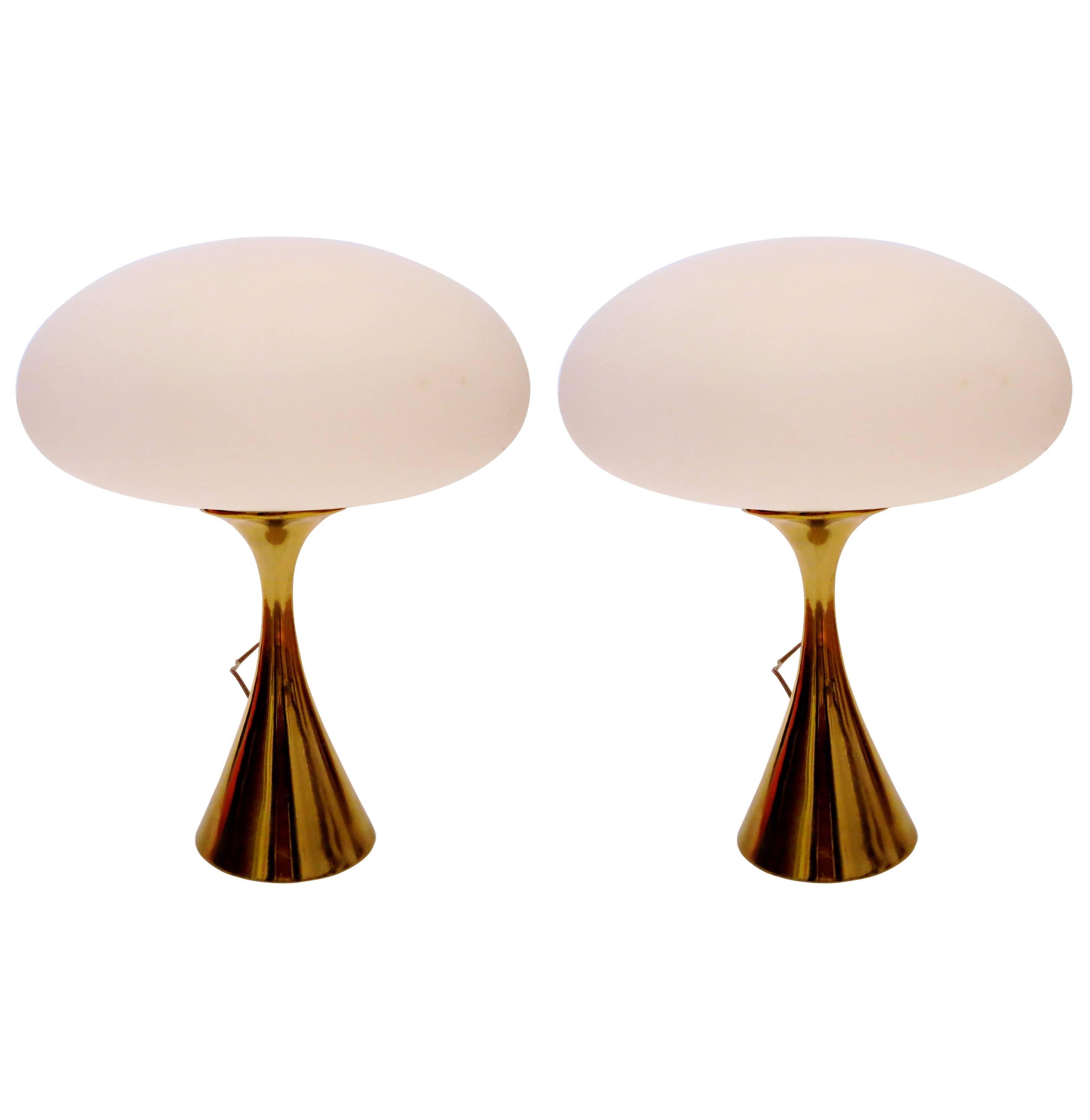 Pair of Brass Polished Bases and Glass Lampshades by Laurel Lamp Co