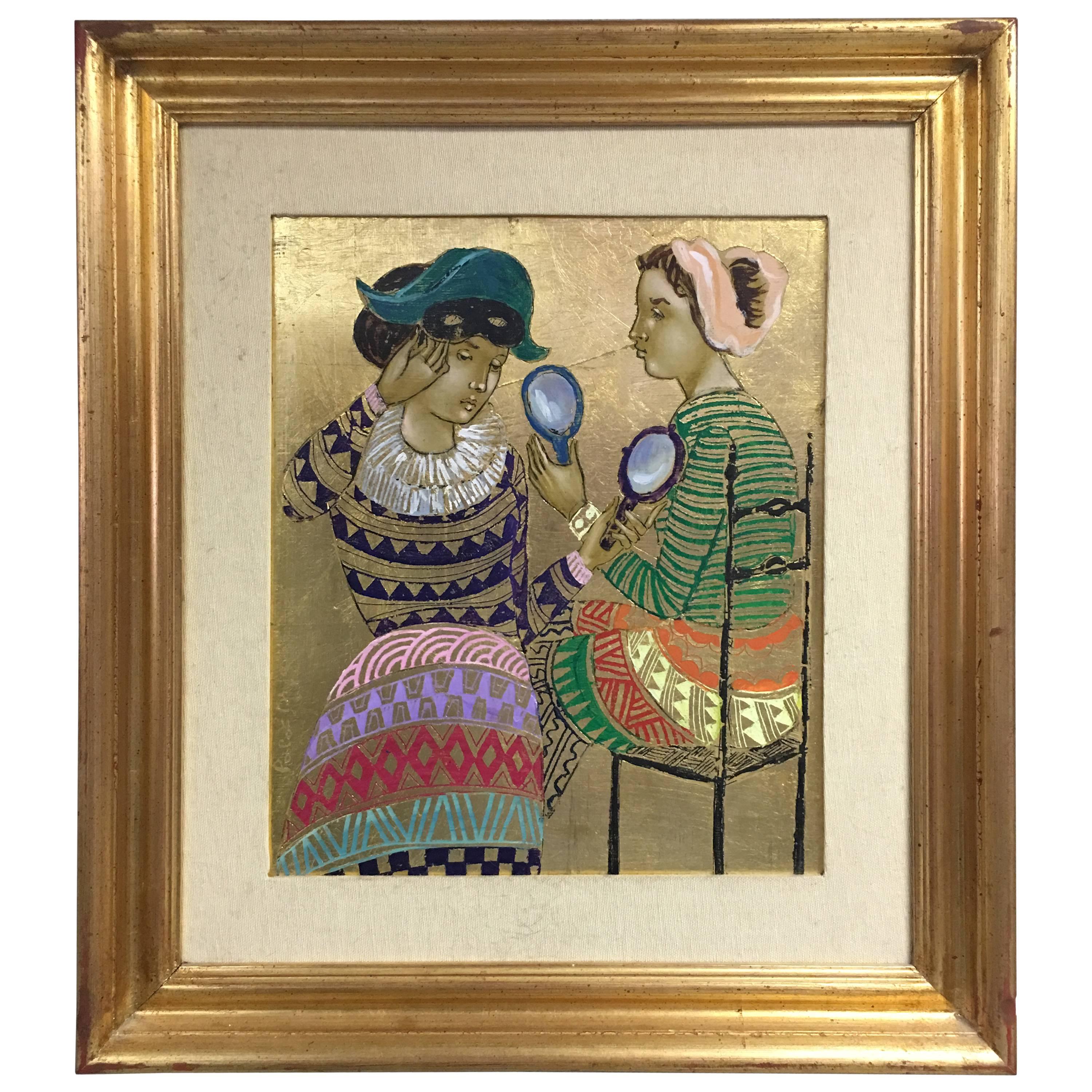 Original Paolo Emilio Bergamaschi Oil and Gold Foil Painting, circa 1978 For Sale