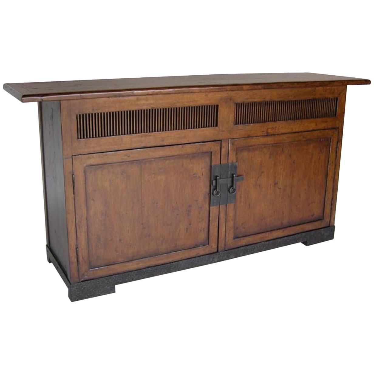 Dos Gallos Custom Walnut Wood Media Console on Iron Base For Sale