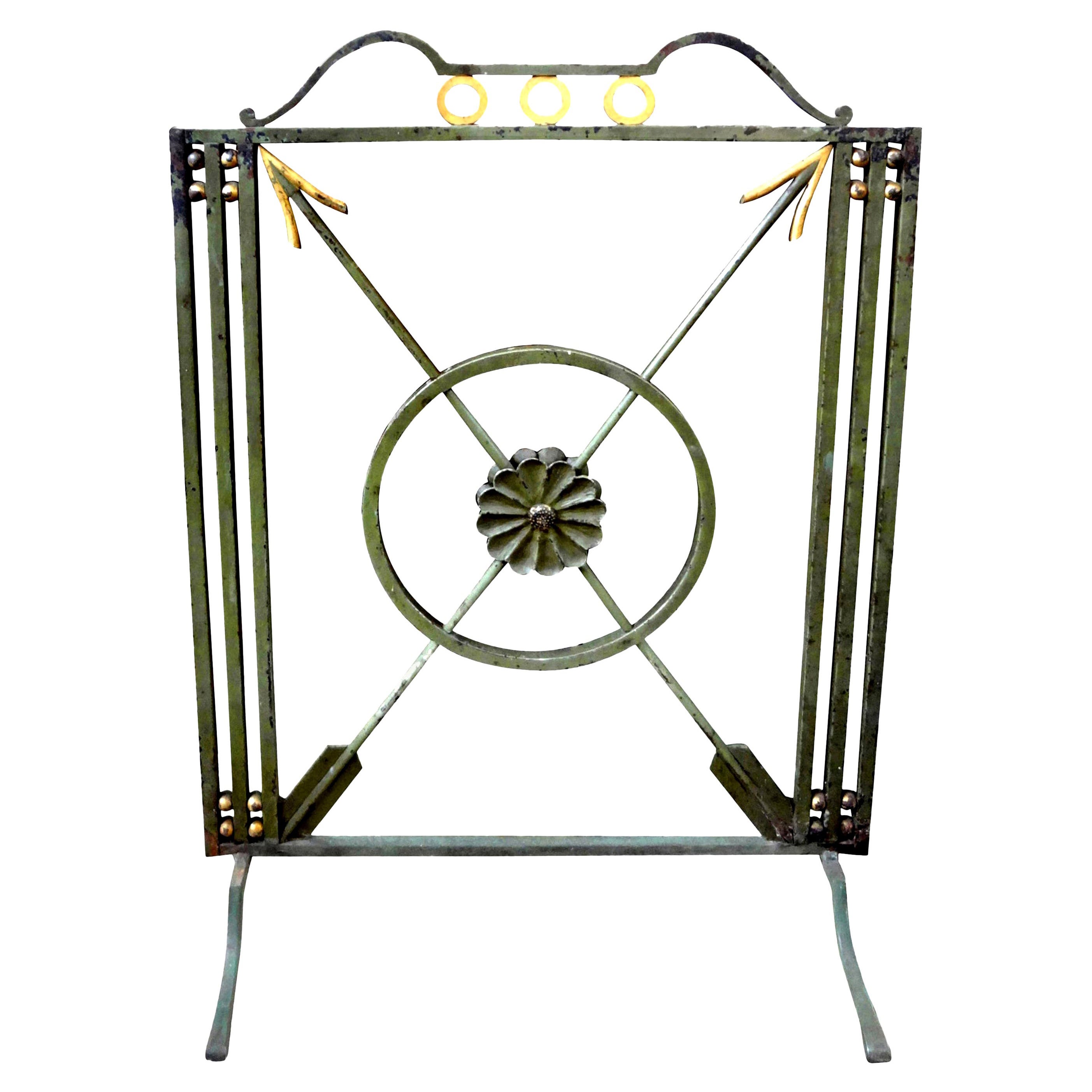 French Art Deco Neoclassical Style Wrought Iron Fireplace Screen with Arrows For Sale