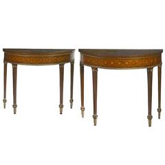 Pair of Fine Edwardian Inlaid George III Style Demilune Consoles