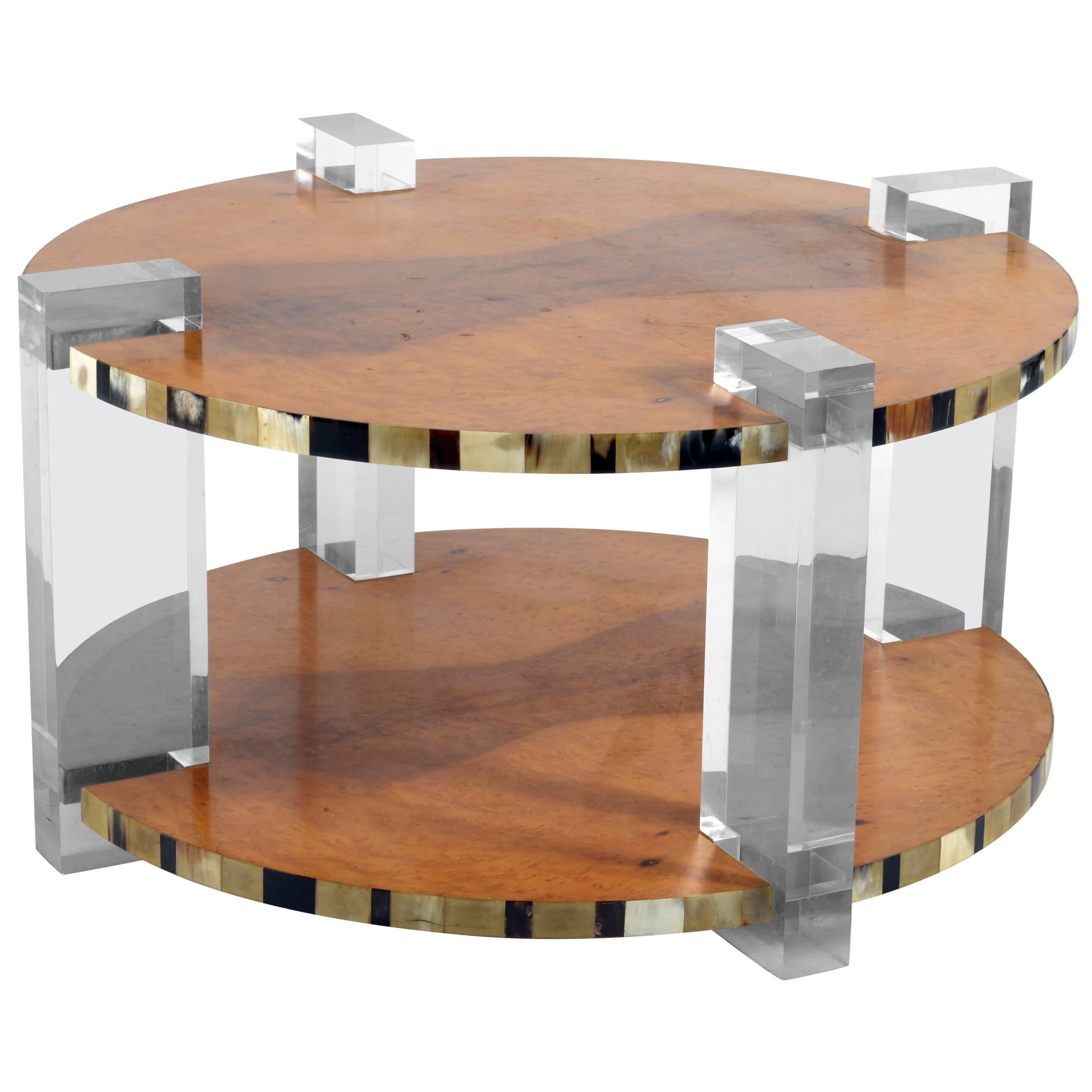 Outstanding High Quality Italian 1960s Round Lucite and Tuja Burl Coffee Table