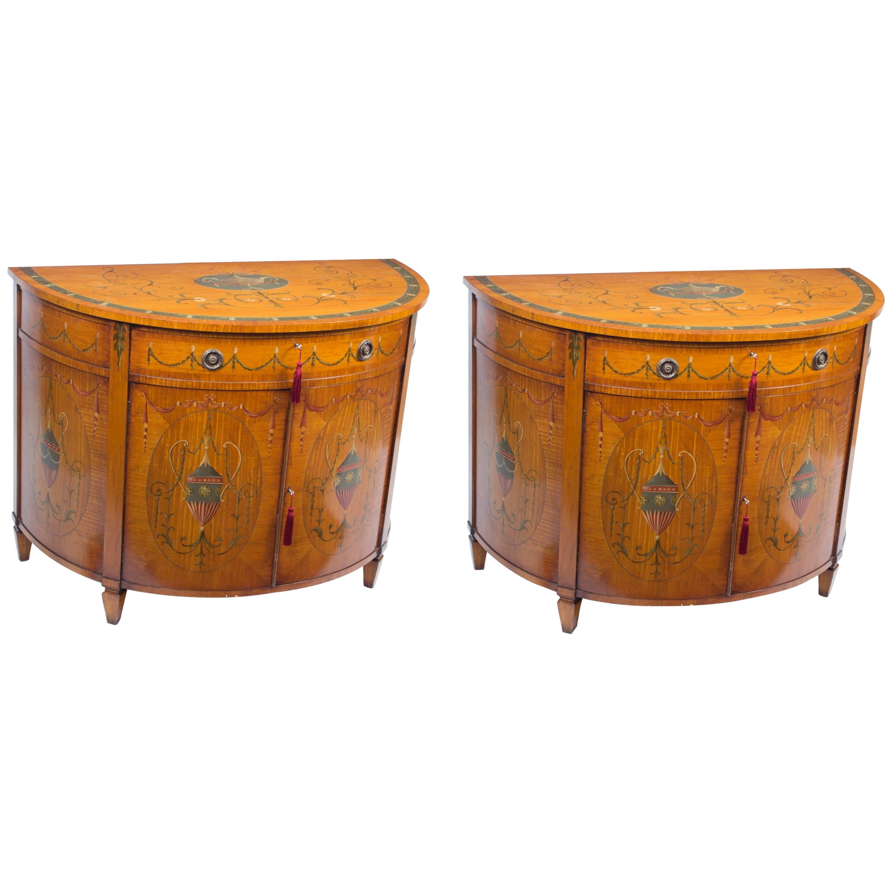 Vintage Pair of Painted Satinwood Half Moon Cabinets, 20th Century
