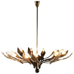 Chandelier Brass Crystal Curved Foils Vintage, Italy, 1950s