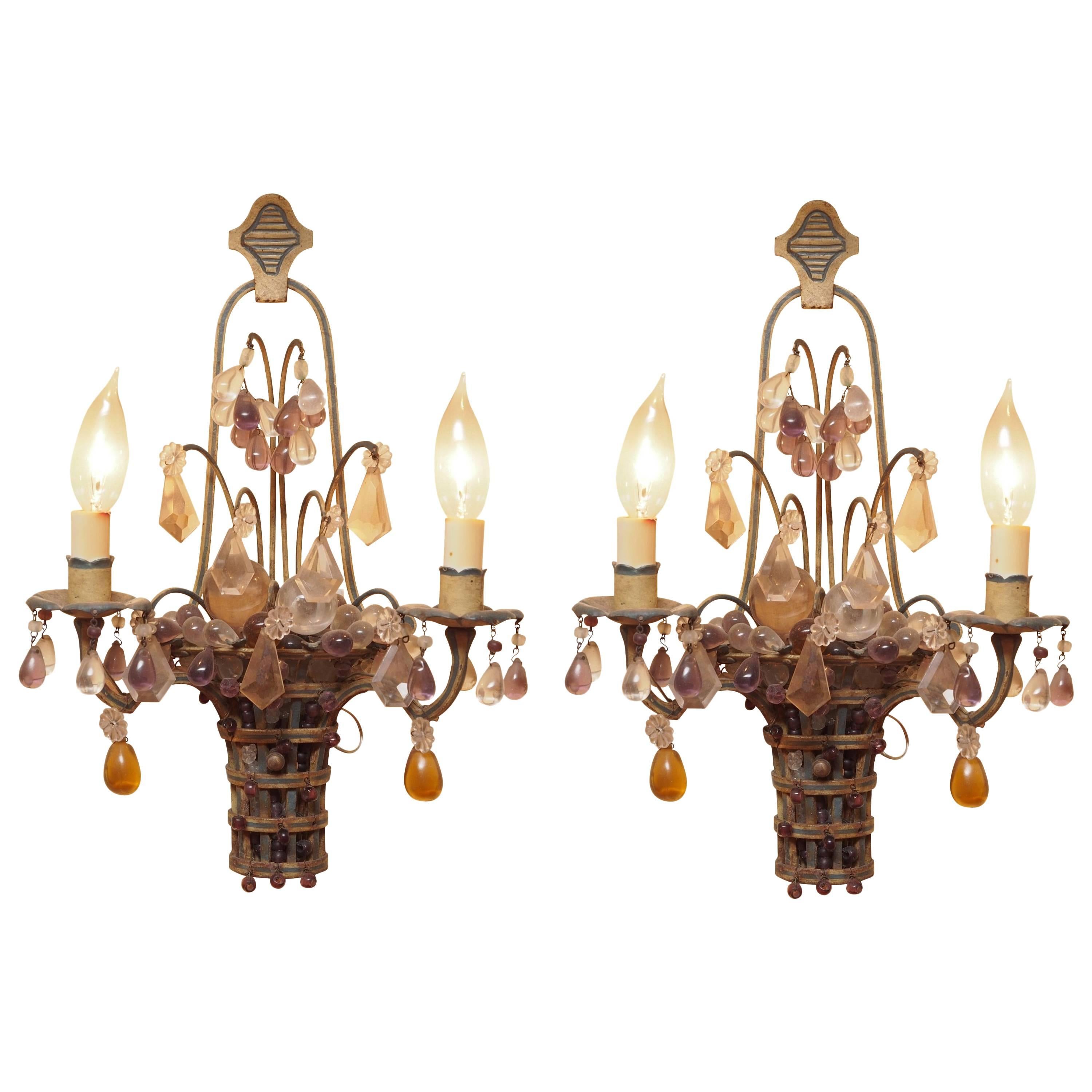 Extraordinary Pair of Flower Basket Crystal and Paint Decorated Sconces For Sale