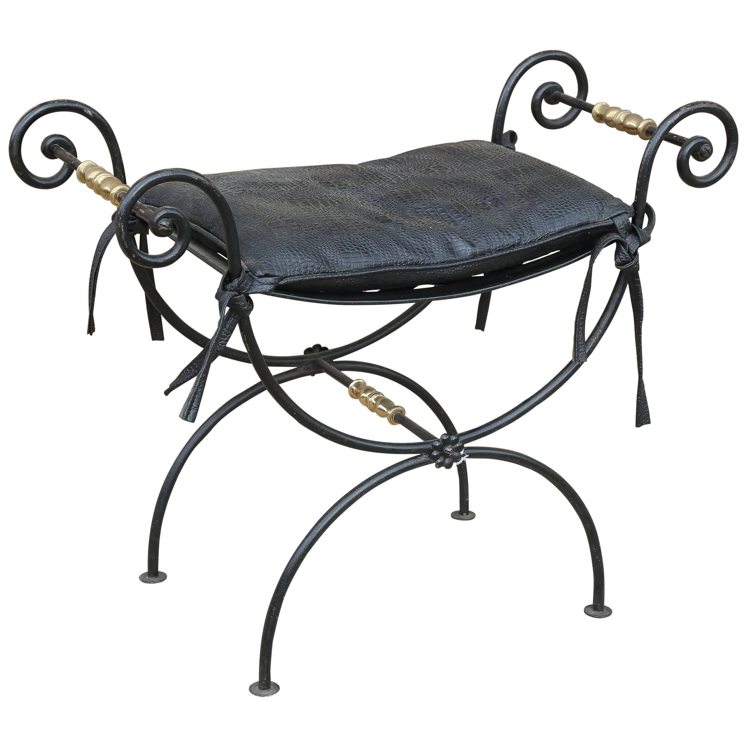 French Mid-Century Black Iron with Brass & Faux Croc Print Leather Cushion Stool