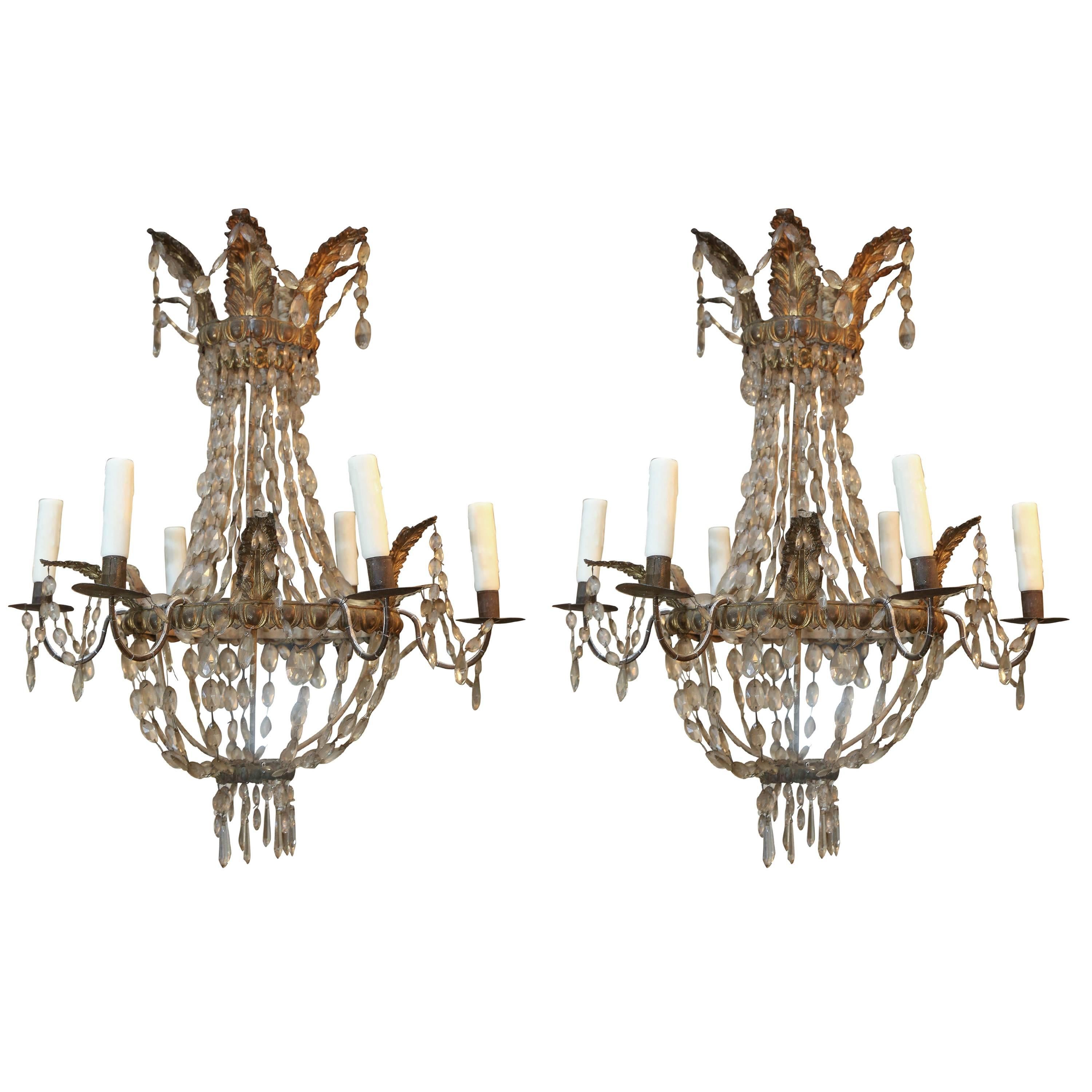 Pair of Early Italian 19th Century Gold Metal and Crystal Chandelier from Genoa