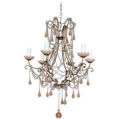 Italian, 1950 Crystal Chandelier with Pink Murano Drops