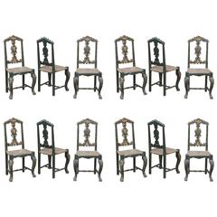 Spanish 19th Century Painted Black/Gold Rush Seat Set of 12 Dining Chairs