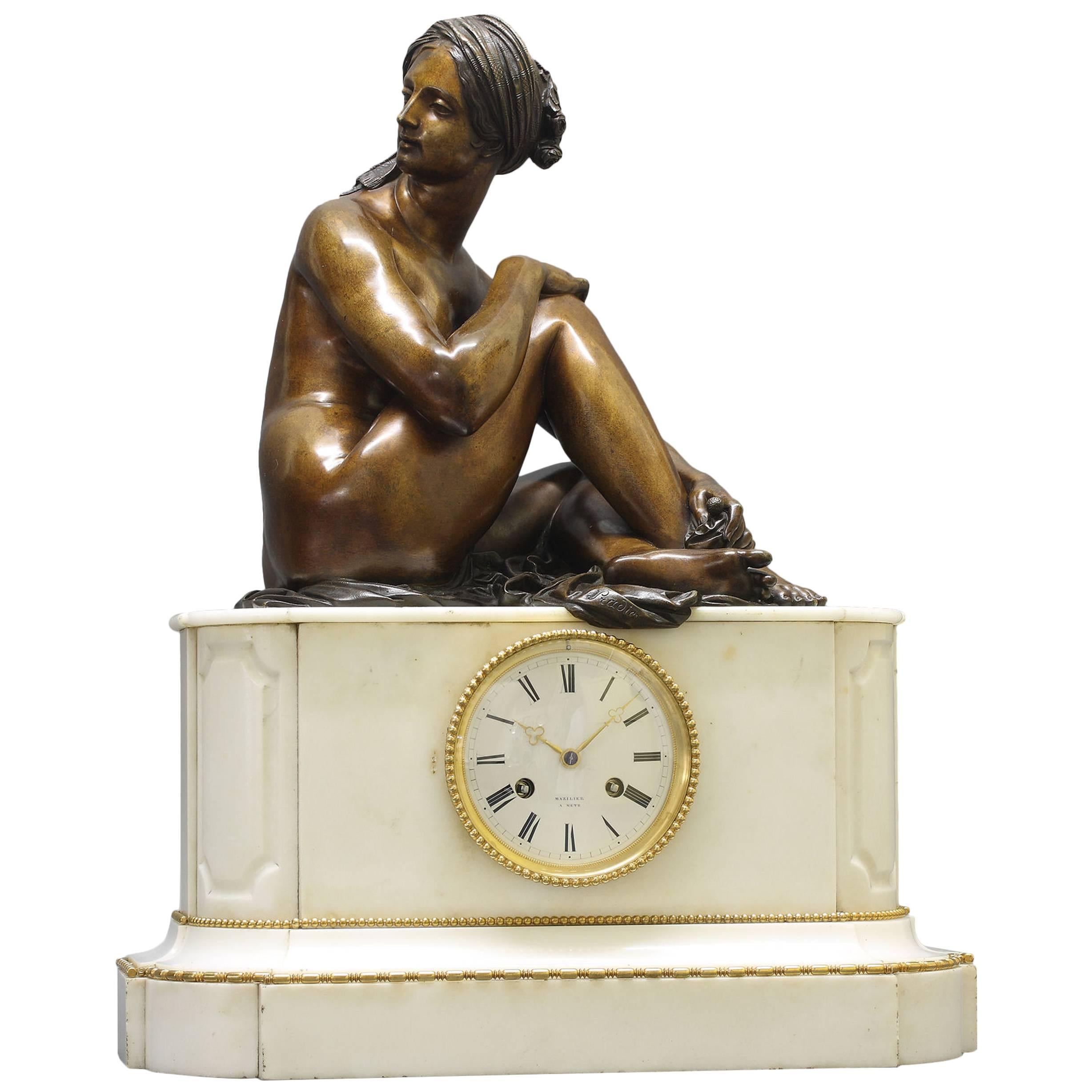 White Marble Clock with a Bronze Statue of an "Odalisque" after James Pradier For Sale