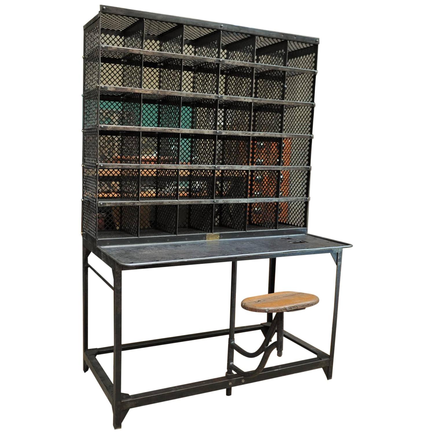 French Post Office Iron Poste Desk and Sliding Seat by Bauche, 1920s at