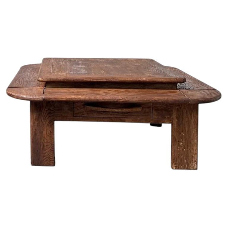 Solid Oak Stepped Coffee Table, Modernist and Brutalist Spirit For Sale