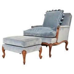 Baker Furniture Style French Provincial Walnut Lounge Chair and Ottoman