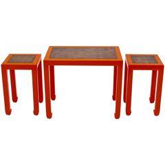 Vintage Newly Lacquered Cocktail Table Set of 3 with Parquet Tops